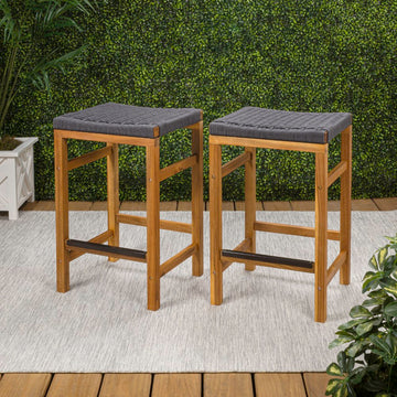 Armand 25.6" Modern Coastal Backless Acacia Wood Outdoor Counter Stool with Woven Rope Seat
